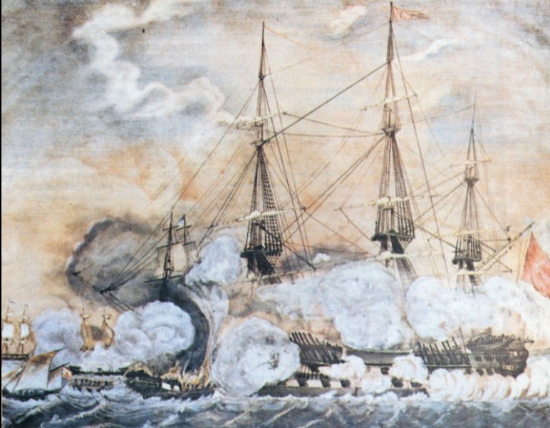 Πυρπόληση τουρκικού δικρότου από τον Δημήτρη Παπανικολή στη Ναυμαχία της Ερεσού